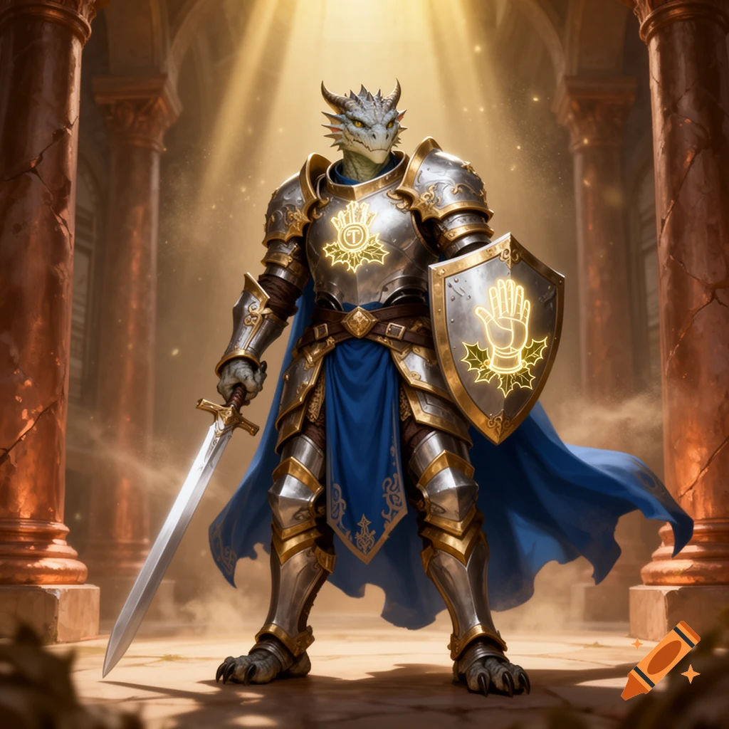 A dragonborn paladin in shiny silver and gold armor with a blue cape stands in a grand hall, holding a sword and shield.