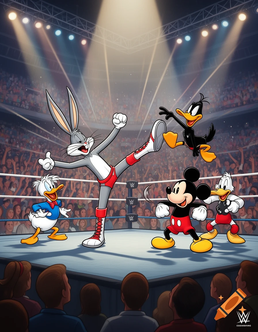 Bugs Bunny kicks in a WWE wrestling match with Daffy Duck, Mickey Mouse, and Donald Duck in a crowded arena.