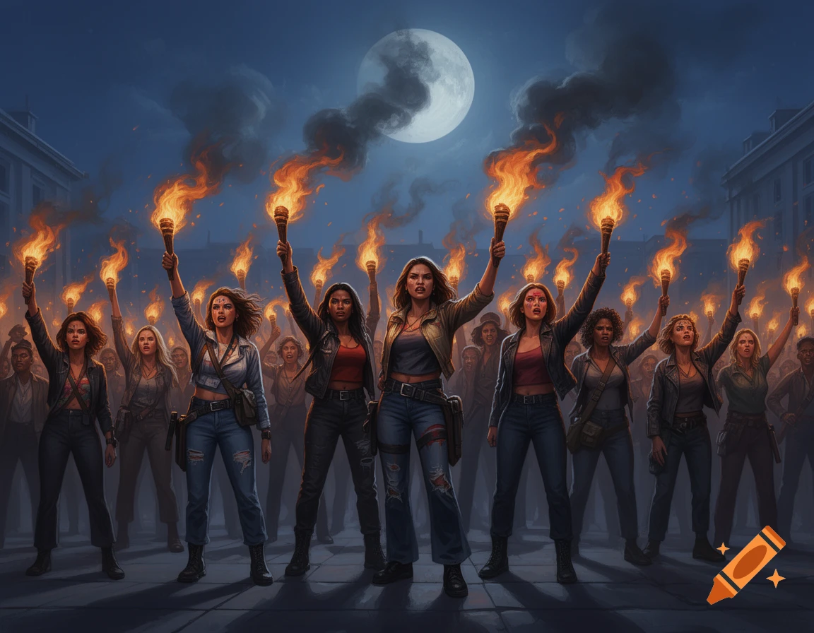 A large crowd of determined women, raising flaming torches under a full moon in a dramatic, stylized night scene.