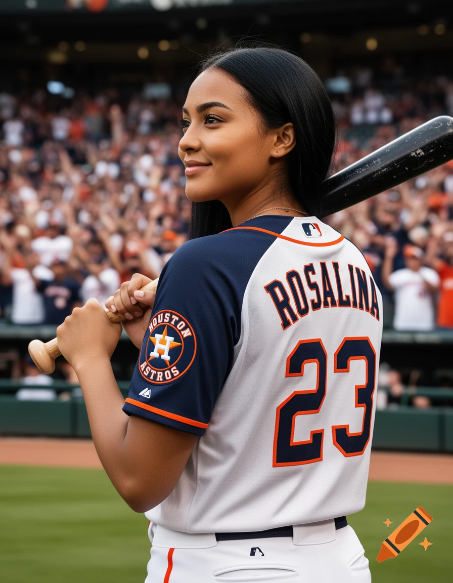 A woman in a Houston Astros baseball jersey with 'ROSALINA' and '23' on the back holds a bat at a stadium.