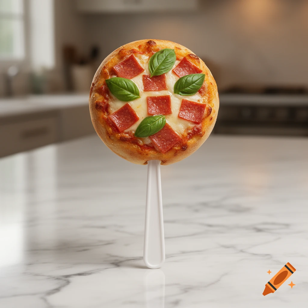 Photorealistic mini pepperoni and basil pizza on a white stick standing on a white marble countertop.
