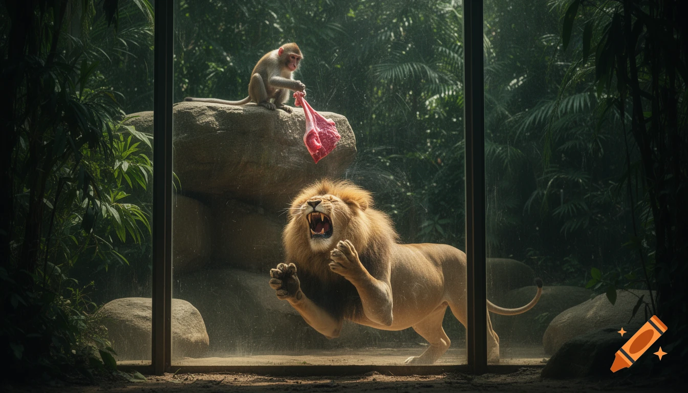 A mischievous monkey dangles raw meat, teasing a roaring lion behind a zoo's glass enclosure in a realistic scene.