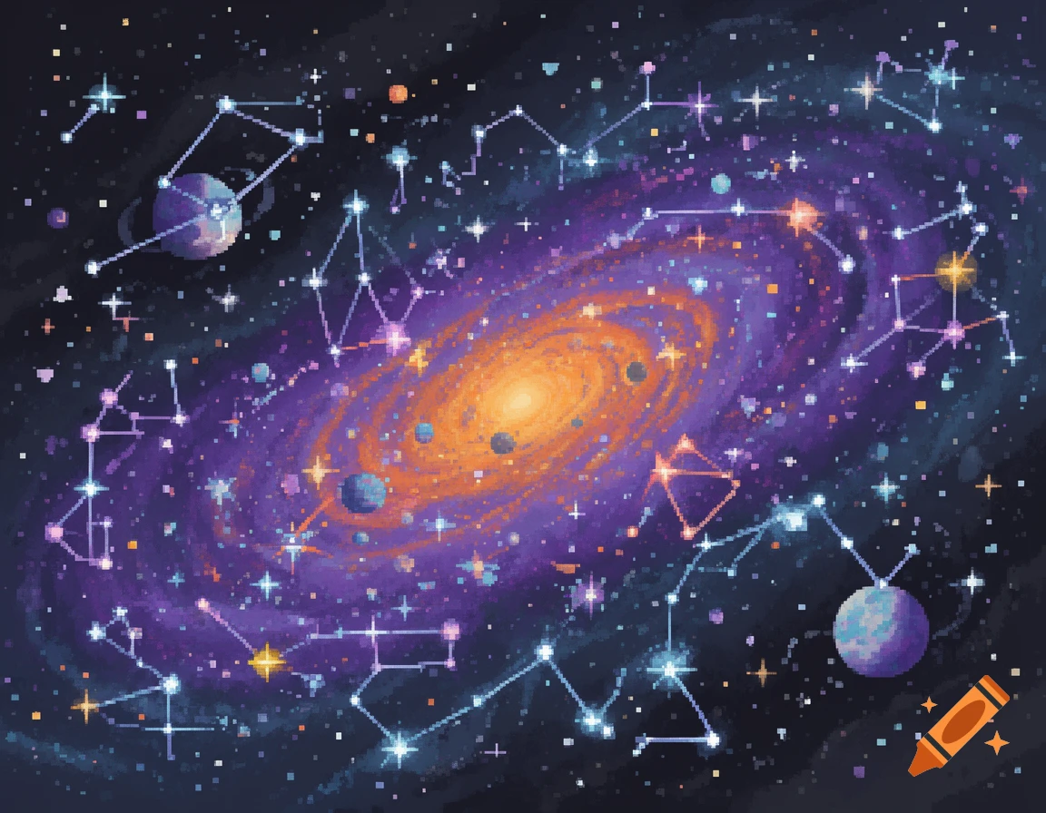 Pixel art depiction of a vibrant galaxy with a central orange and purple spiral, surrounded by planets and bright constellations.