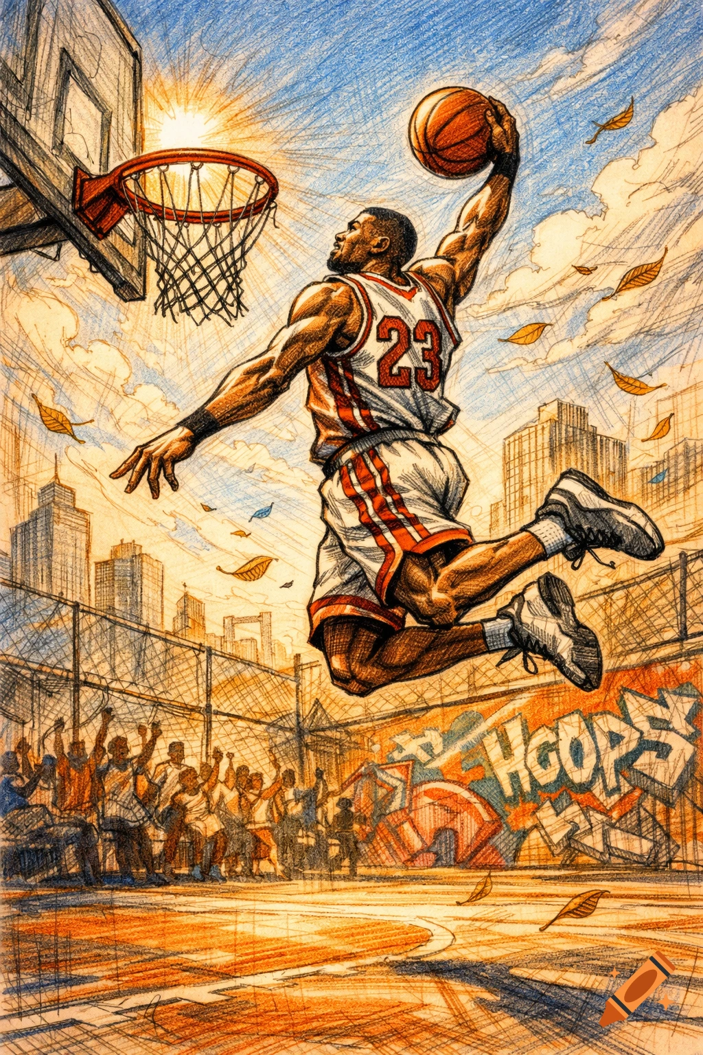 Colored pencil drawing of a basketball player wearing number 23 dunking on an outdoor court with a city skyline and cheering crowd.