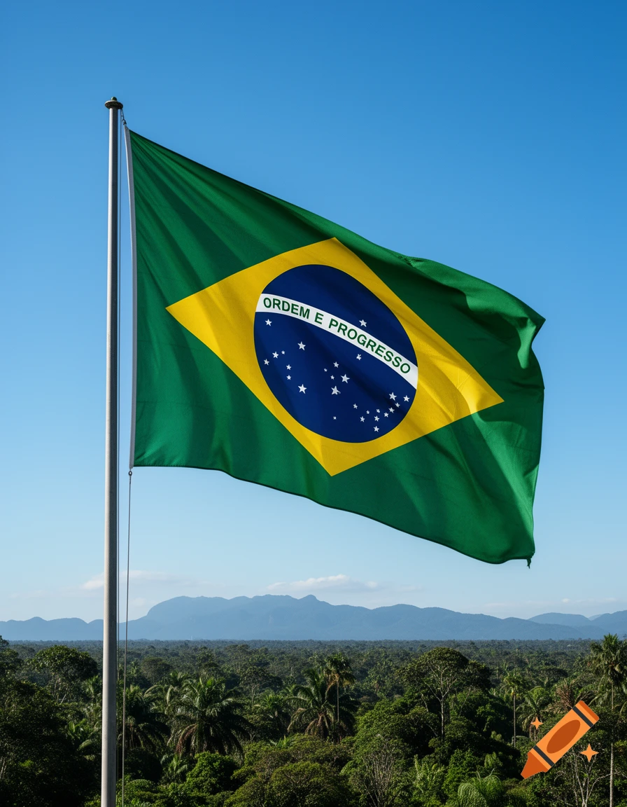 Brazilian flag, green, yellow, and blue with "ORDEM E PROGRESSO", waving above a lush jungle and mountains under a clear blue sky.