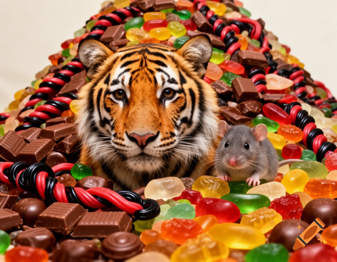 Photorealistic tiger and mouse emerging from a large mound of colorful gummy candies, chocolates, and twisted licorice ropes.