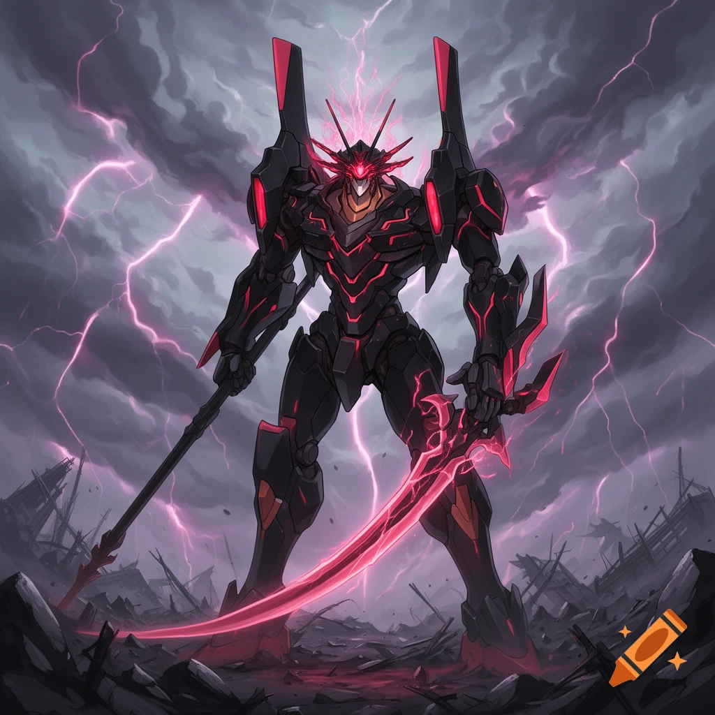 Dark mecha with glowing red details, holding a spear and a glowing red sword, in a stormy, ruined landscape.