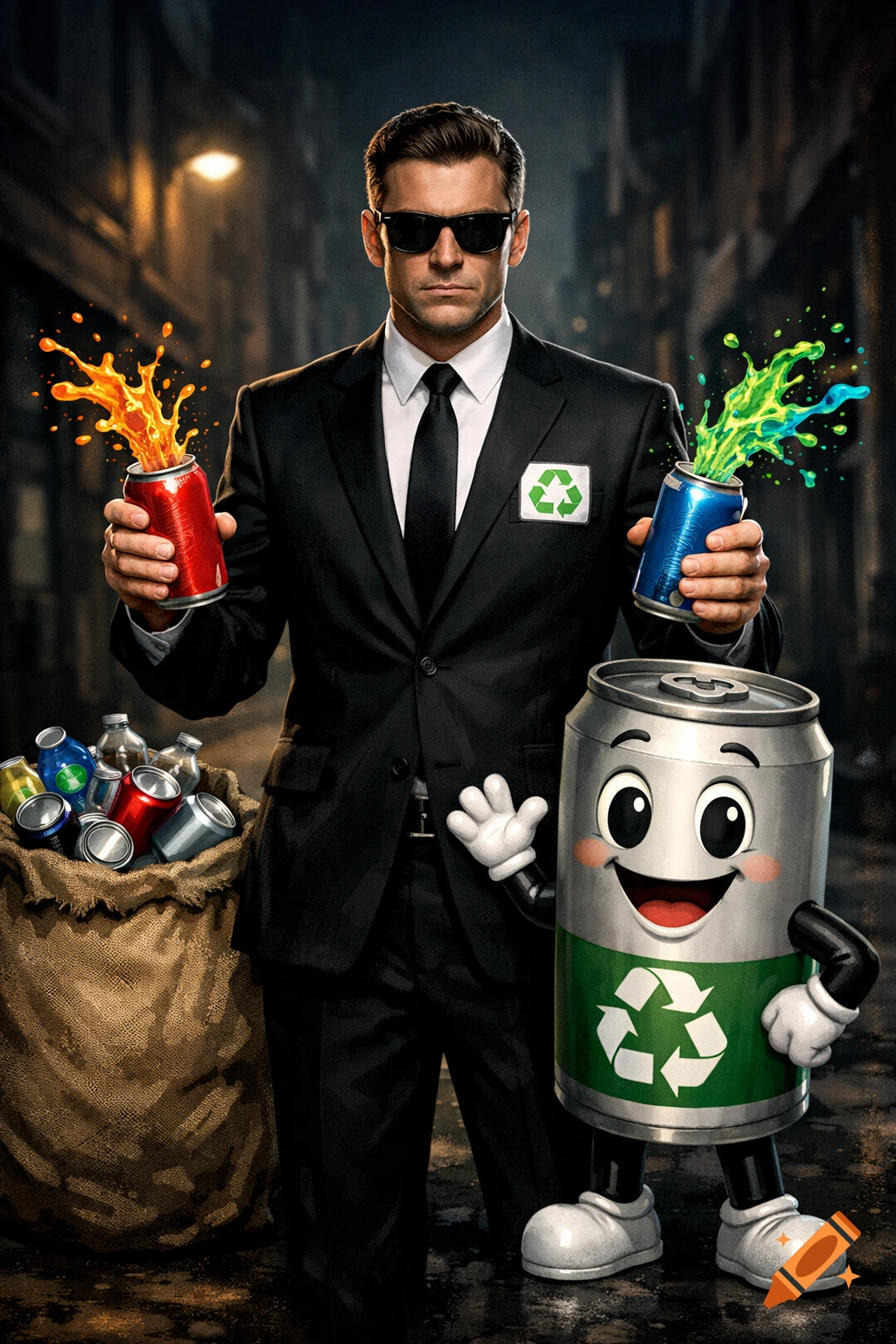 A man in a suit and sunglasses holds two cans splashing colorful liquid next to a smiling can mascot and a sack of recyclables on a dark street.