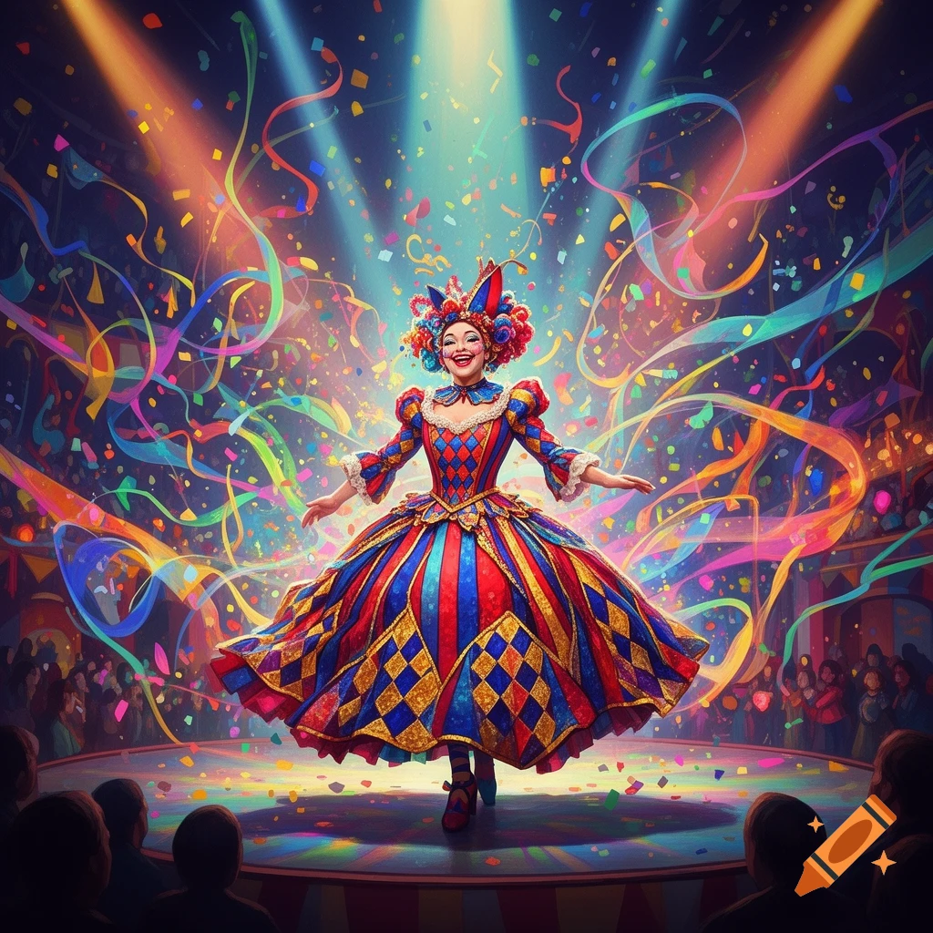 A vibrant digital art image of a female performer in a colorful harlequin-style dress and jester hat on a stage under spotlights with confetti.