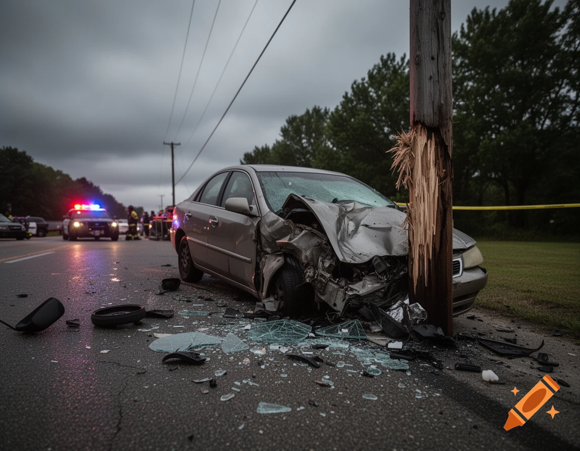 A photorealistic image of a silver car severely damaged after crashing into a wooden utility pole on a wet road, with police cars in the distance.