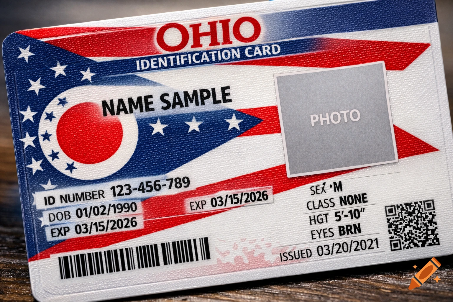 Close-up of an Ohio identification card with a flag design, showing placeholder name, photo, and details.