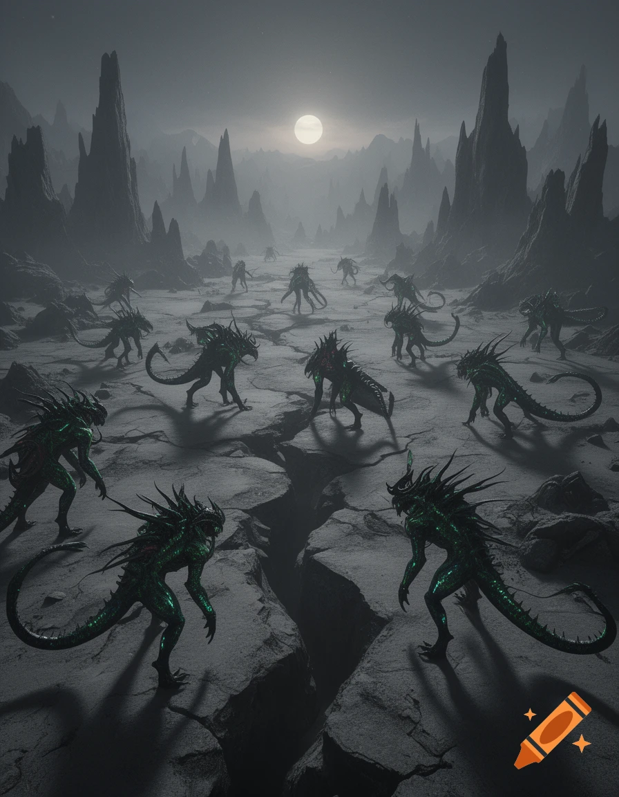 A dark, atmospheric scene of multiple green-glowing reptilian monsters on a desolate, cracked alien landscape under a full moon.