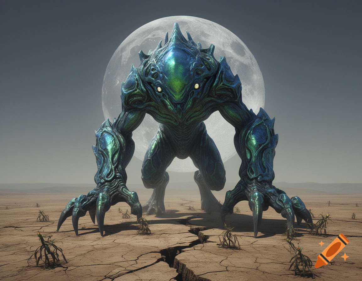 A large, blue-green iridescent alien monster with sharp claws stands on cracked dry ground under a full moon.
