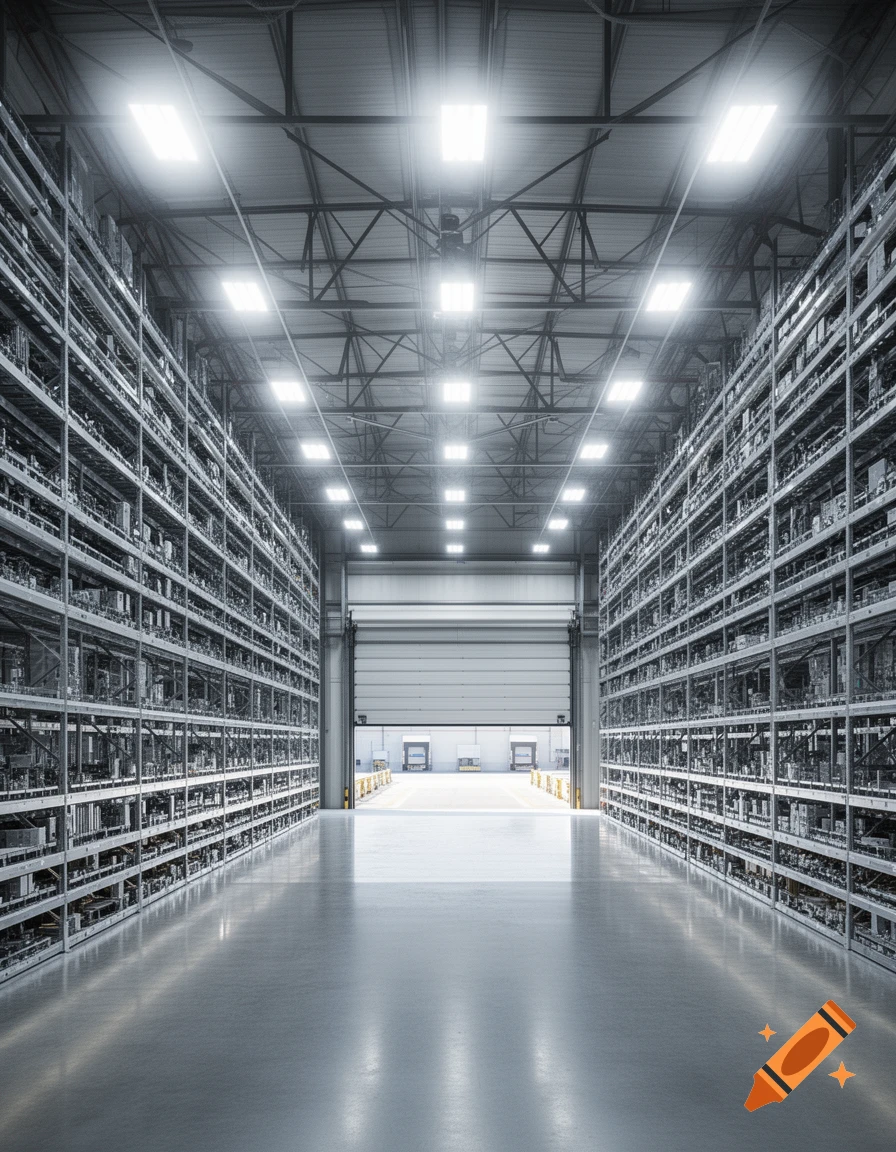 Photorealistic image of a long, empty warehouse aisle with rows of tall shelves, leading to an open loading dock door.