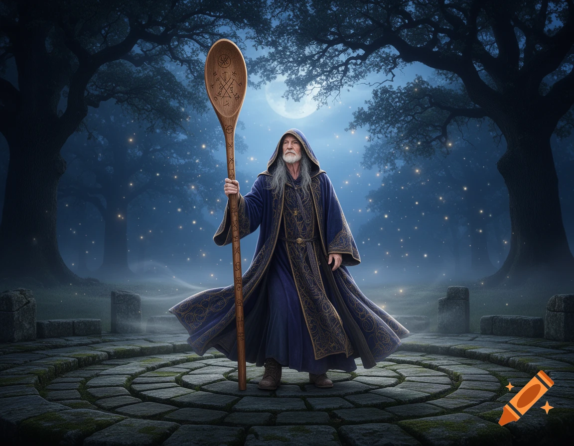 A wise old wizard with a long white beard and a blue hooded robe stands ...