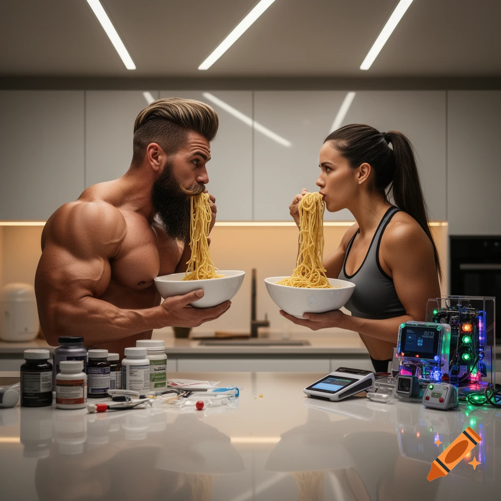 A muscular man with a beard and a fit woman eat spaghetti from bowls in a modern kitchen, surrounded by supplements and tech.