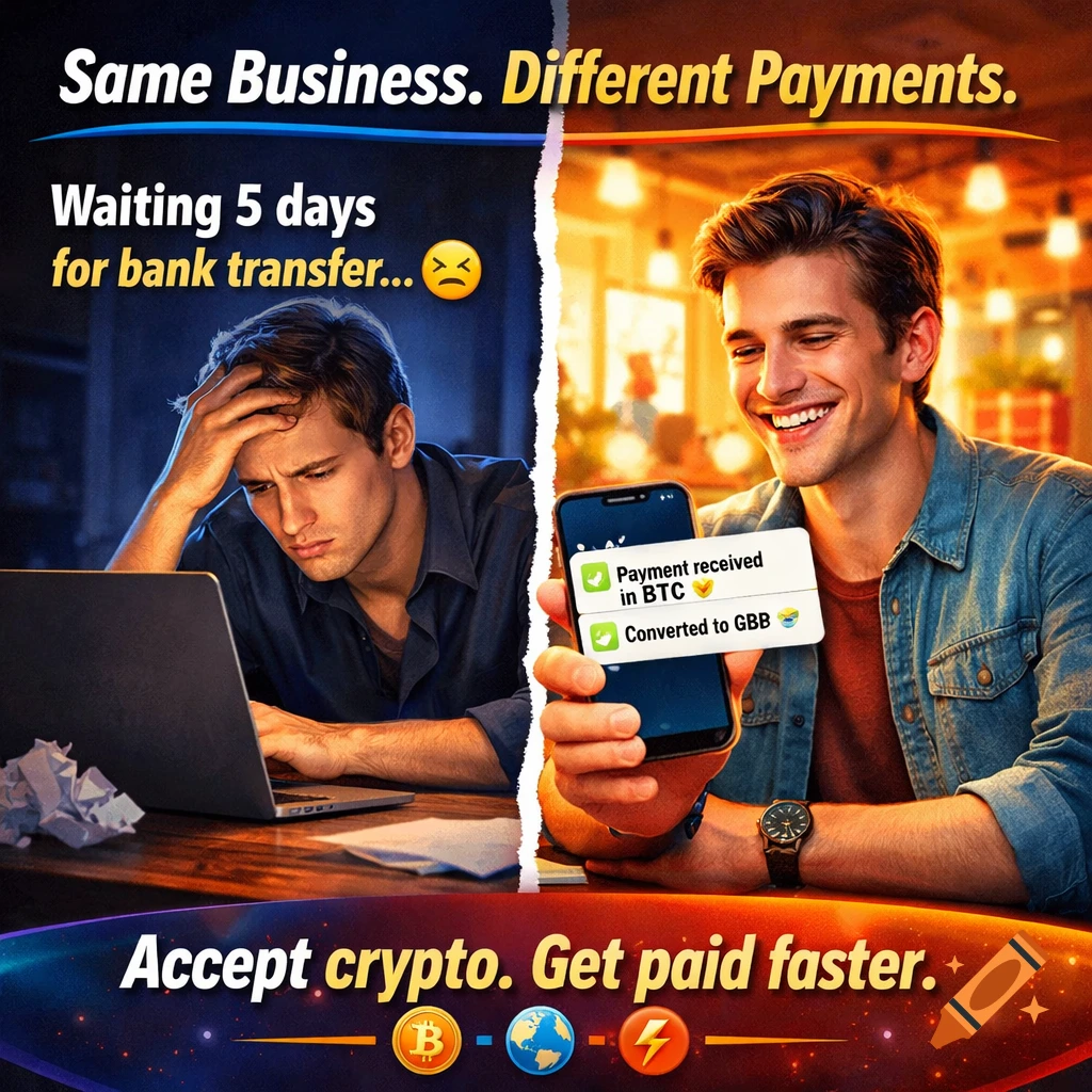 Split-screen ad: a stressed man waits for a bank transfer on a laptop on the left; a happy man receives crypto payment on a phone in a cafe on the right.