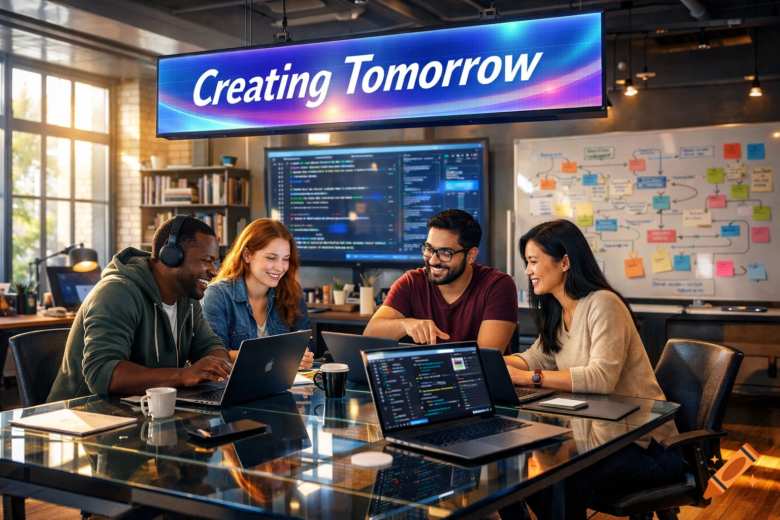 Four diverse professionals collaborate on laptops in a modern office beneath a 'Creating Tomorrow' sign, with code on screens.