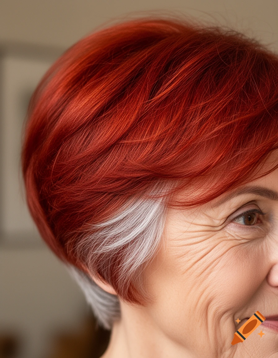 Close-up of an older woman with a short red haircut and a white streak, smiling slightly.