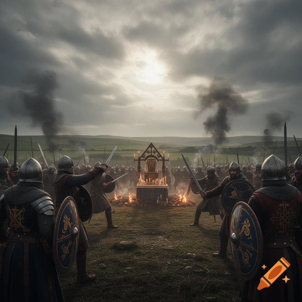 A photorealistic image of medieval warriors gathered around a candlelit altar with fires and smoke under a cloudy, dramatic sky.