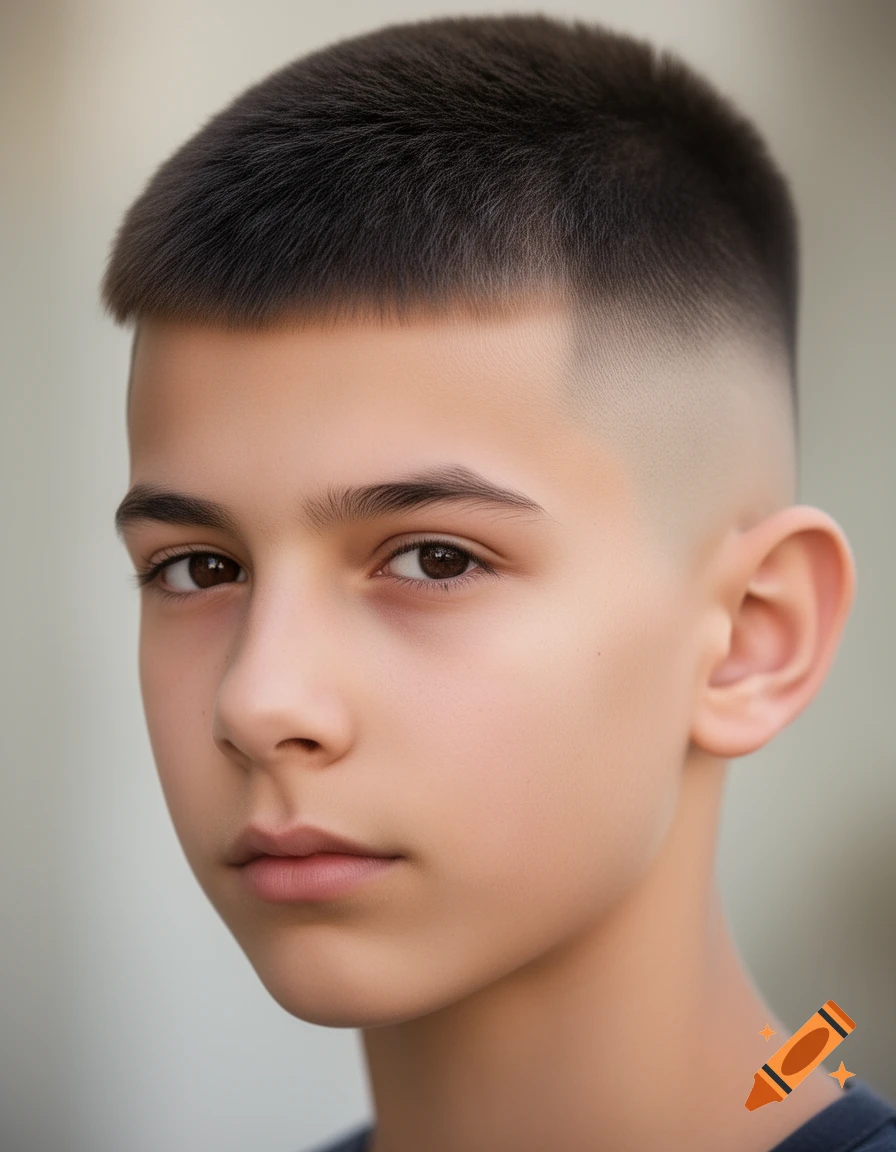 Close-up photorealistic portrait of a young male with a faded buzz cut and a neutral expression.