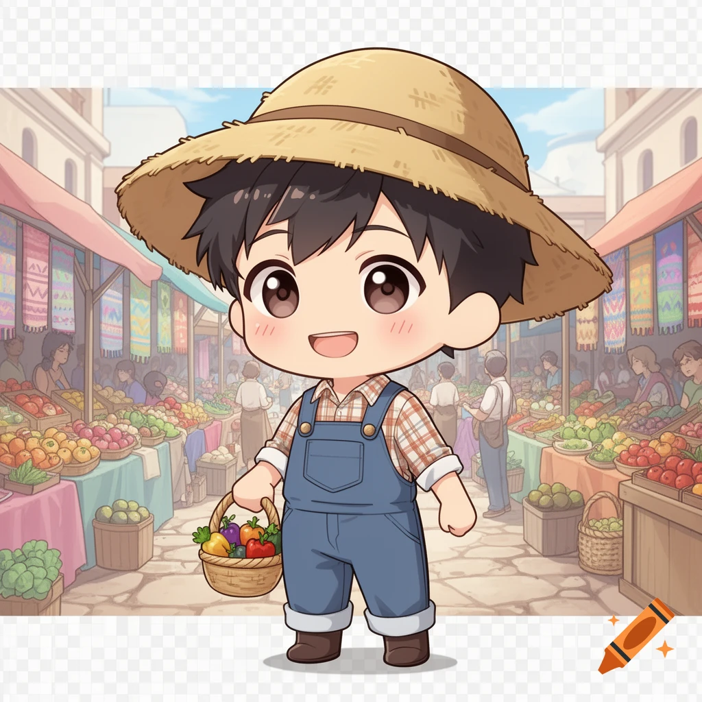 Smiling chibi anime farmer boy in overalls and straw hat, holding a vegetable basket at a busy outdoor market.