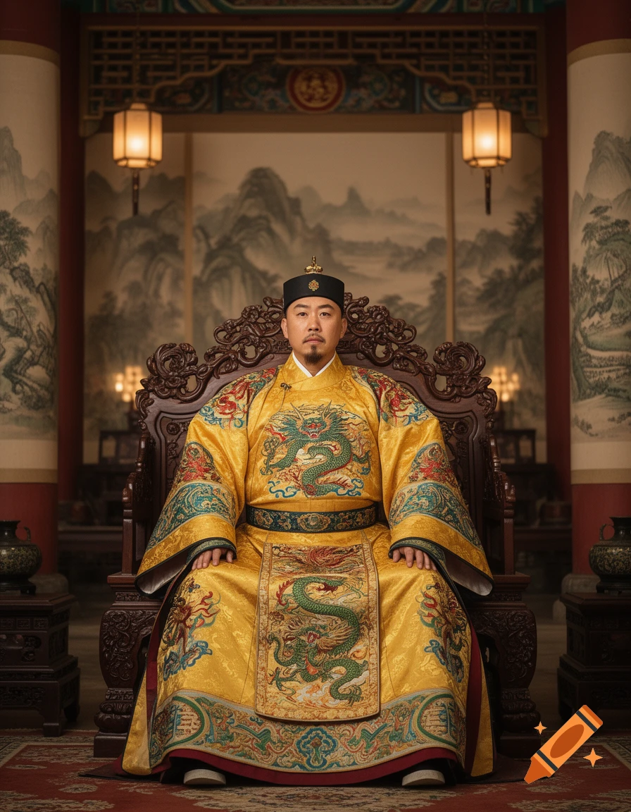 A man in a vibrant yellow dragon robe and a black hat sits regally on an ornate wooden throne in a lavish traditional Chinese palace.