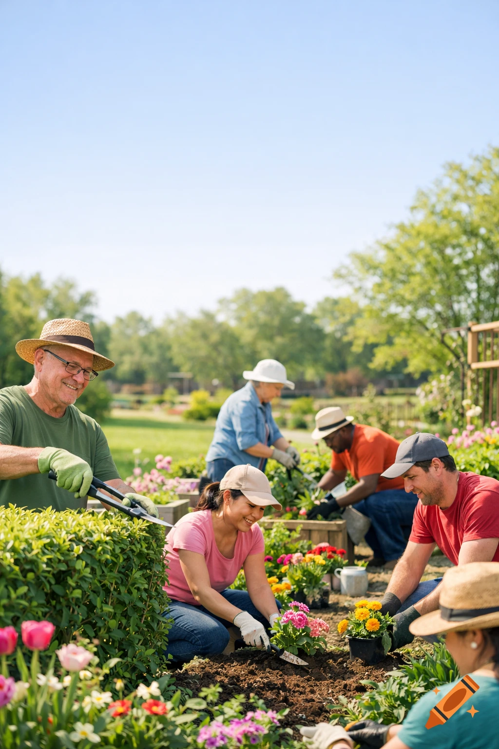 Diverse group of people happily gardening, planting flowers and trimming hedges in a sunny community garden.