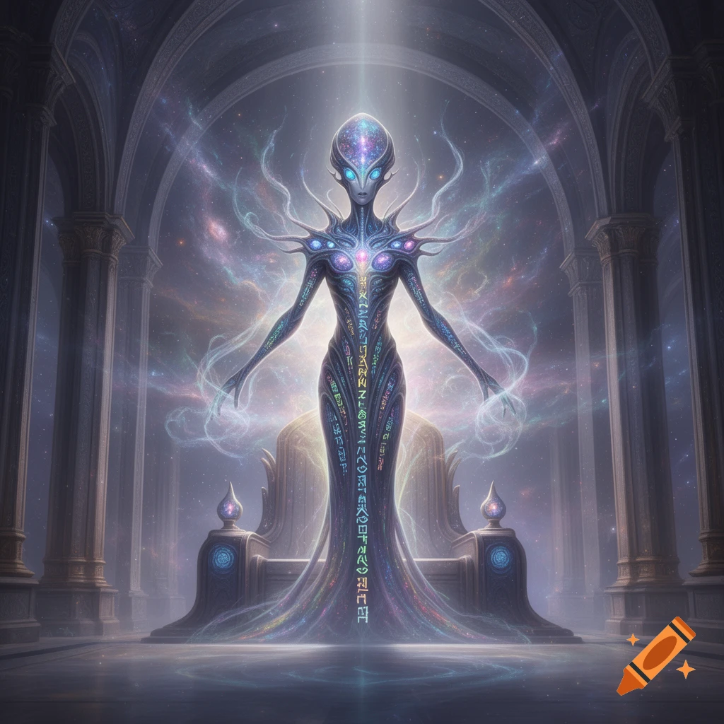 A glowing cosmic alien deity with intricate symbols on its body stands in a grand, arched chamber, radiating light.