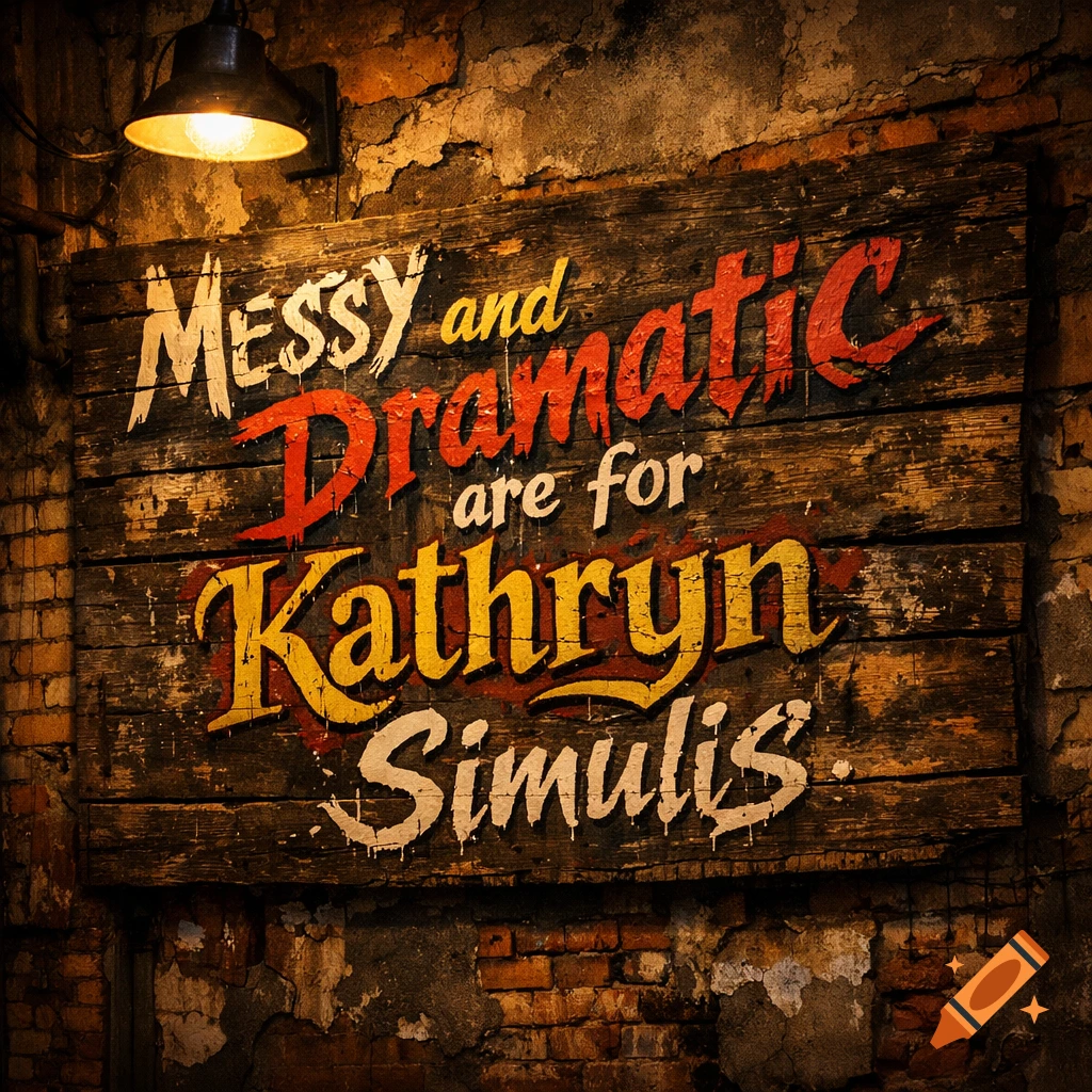 A distressed wooden sign with a glowing lamp above, displaying the text 'MESSY and Dramatic are for Kathryn Simulis.' on a brick wall.