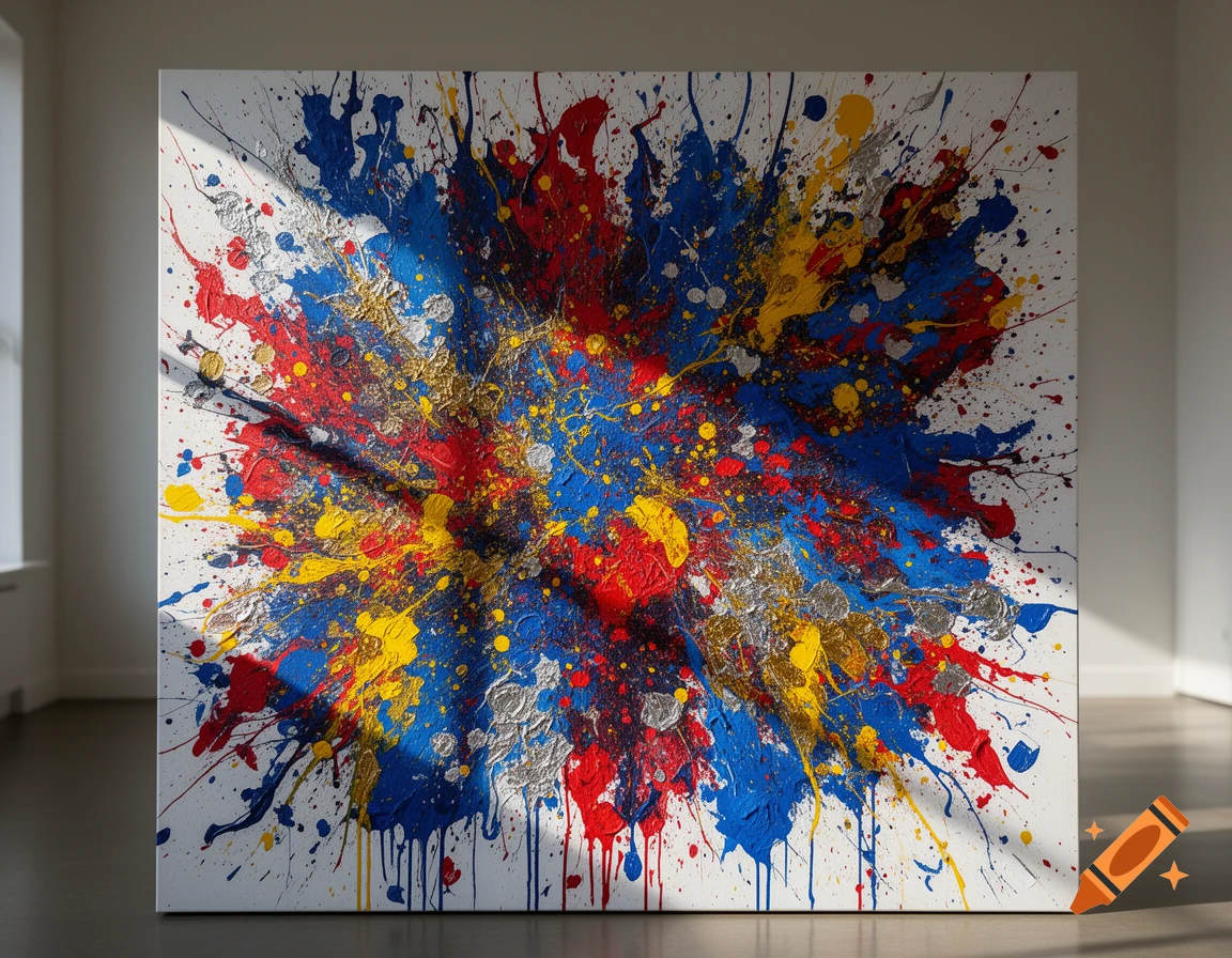Vibrant abstract splatter painting with red, blue, yellow, and silver paint on a white canvas in a minimalist room.