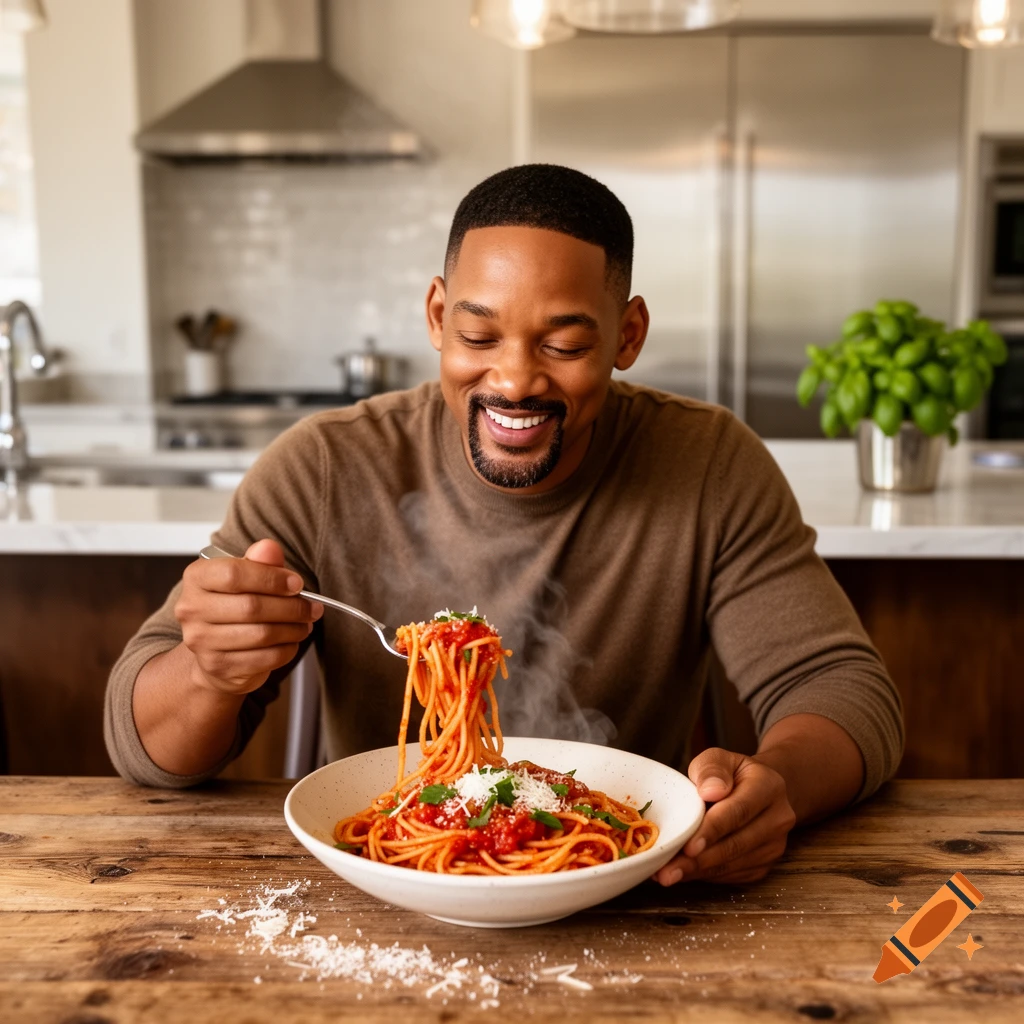 Will Smith smiling while eating a large bowl of spaghetti with a fork in a modern kitchen.
