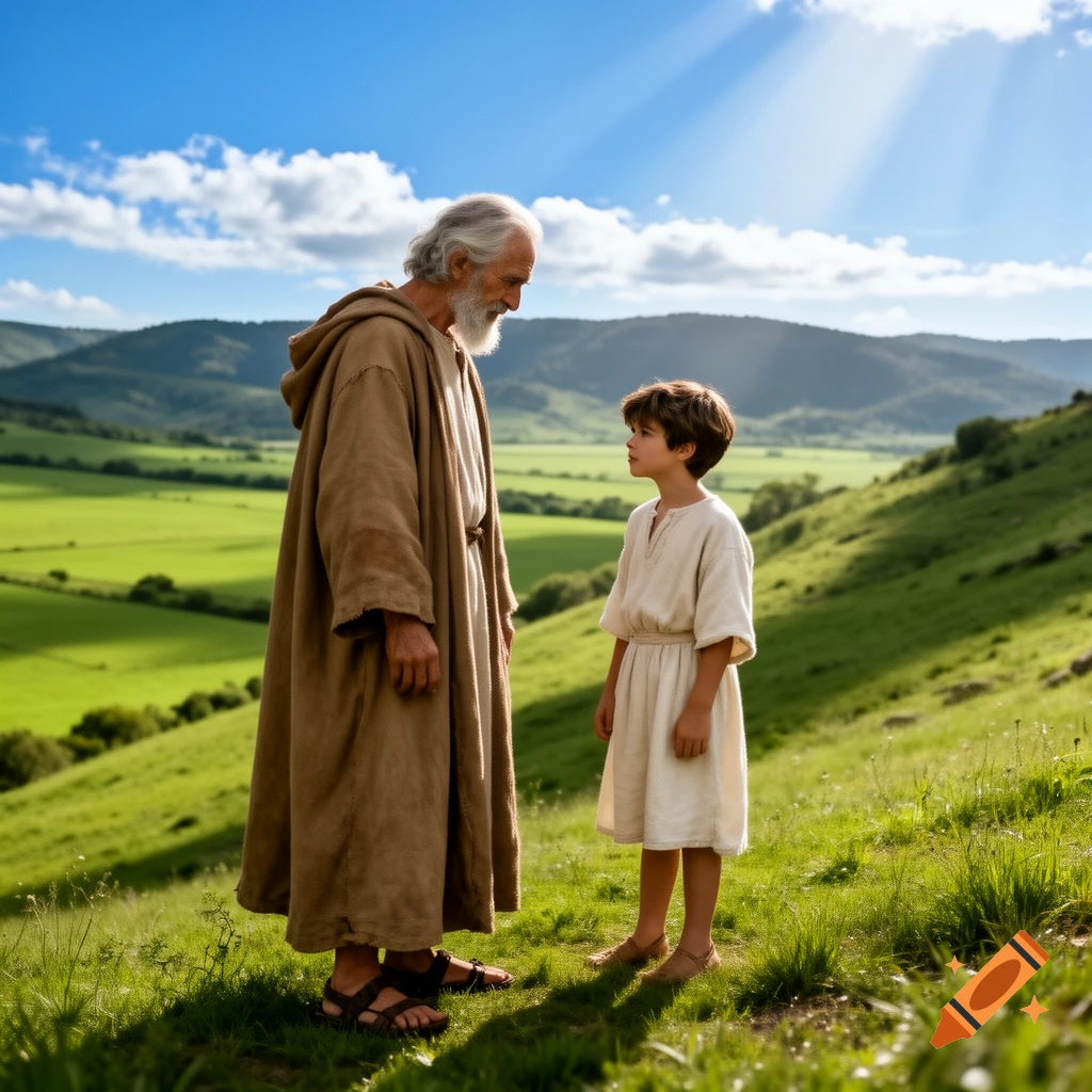 An old man in a long brown robe and sandals stands facing a young boy in a white tunic on a green grassy hill under a bright blue sky with sun rays.
