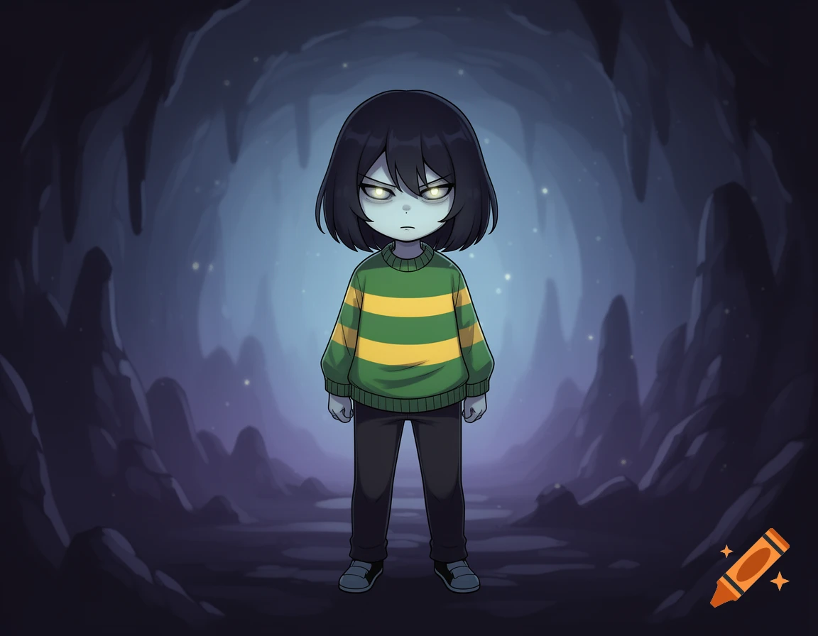 A stylized, pale-skinned character with dark hair and glowing yellow eyes, wearing a green and yellow striped sweater, stands in a dark, cavernous setting.