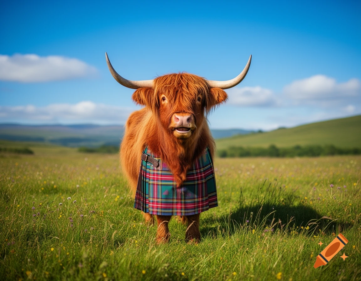 A photorealistic image of a smiling highland cow wearing a Scottish kilt, standing in a sunny, grassy field.