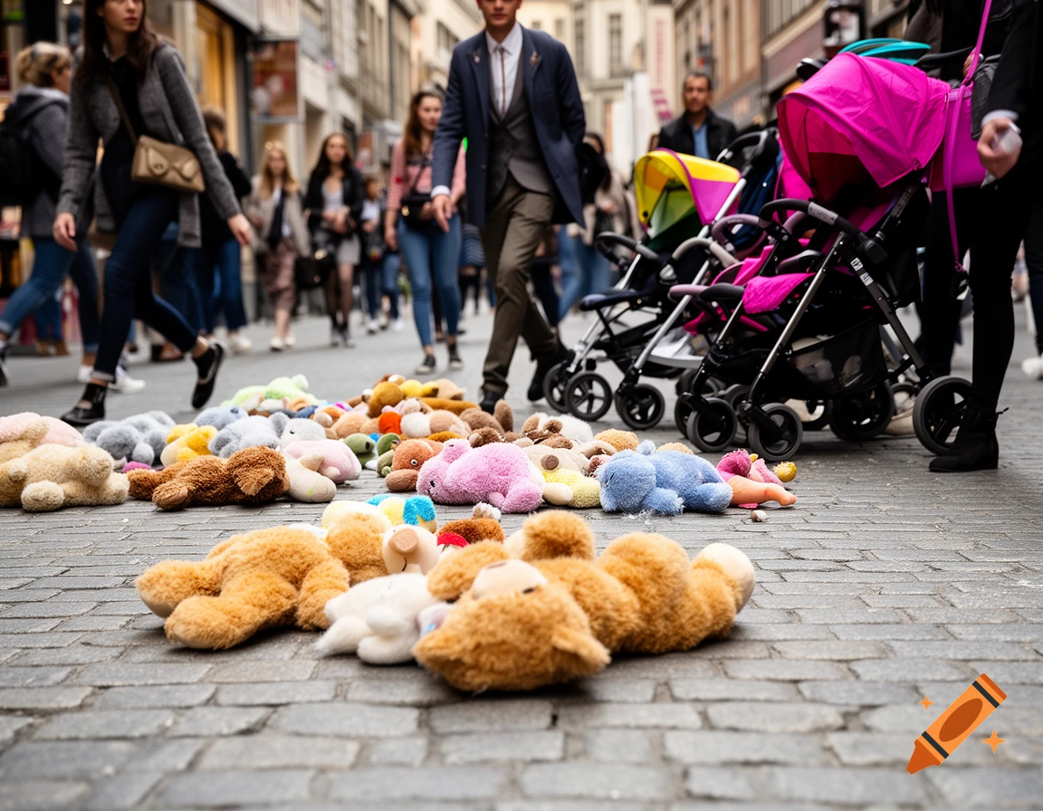 Stuffed animals lie scattered on a cobblestone street as people and strollers walk past in a busy pedestrian zone, photorealistic.