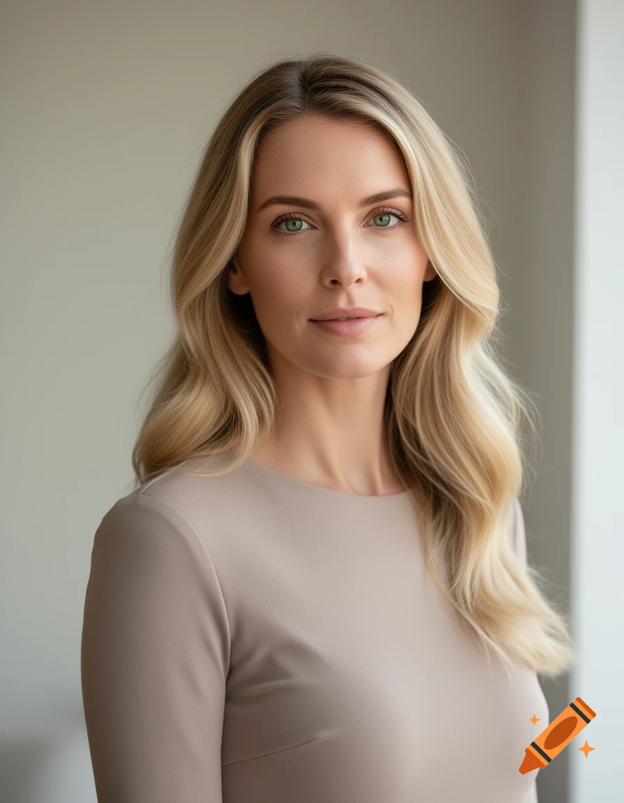 Photorealistic portrait of a woman with blonde hair and green eyes wearing a neutral-colored top.