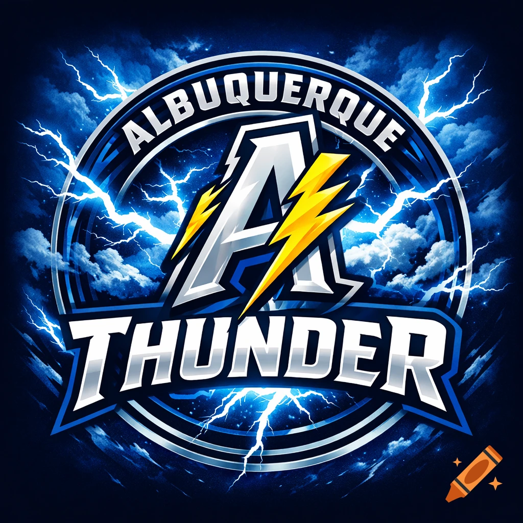 Dynamic blue and white baseball logo for 'Albuquerque Thunder' with a stylized 'A' and yellow lightning bolts amidst clouds.