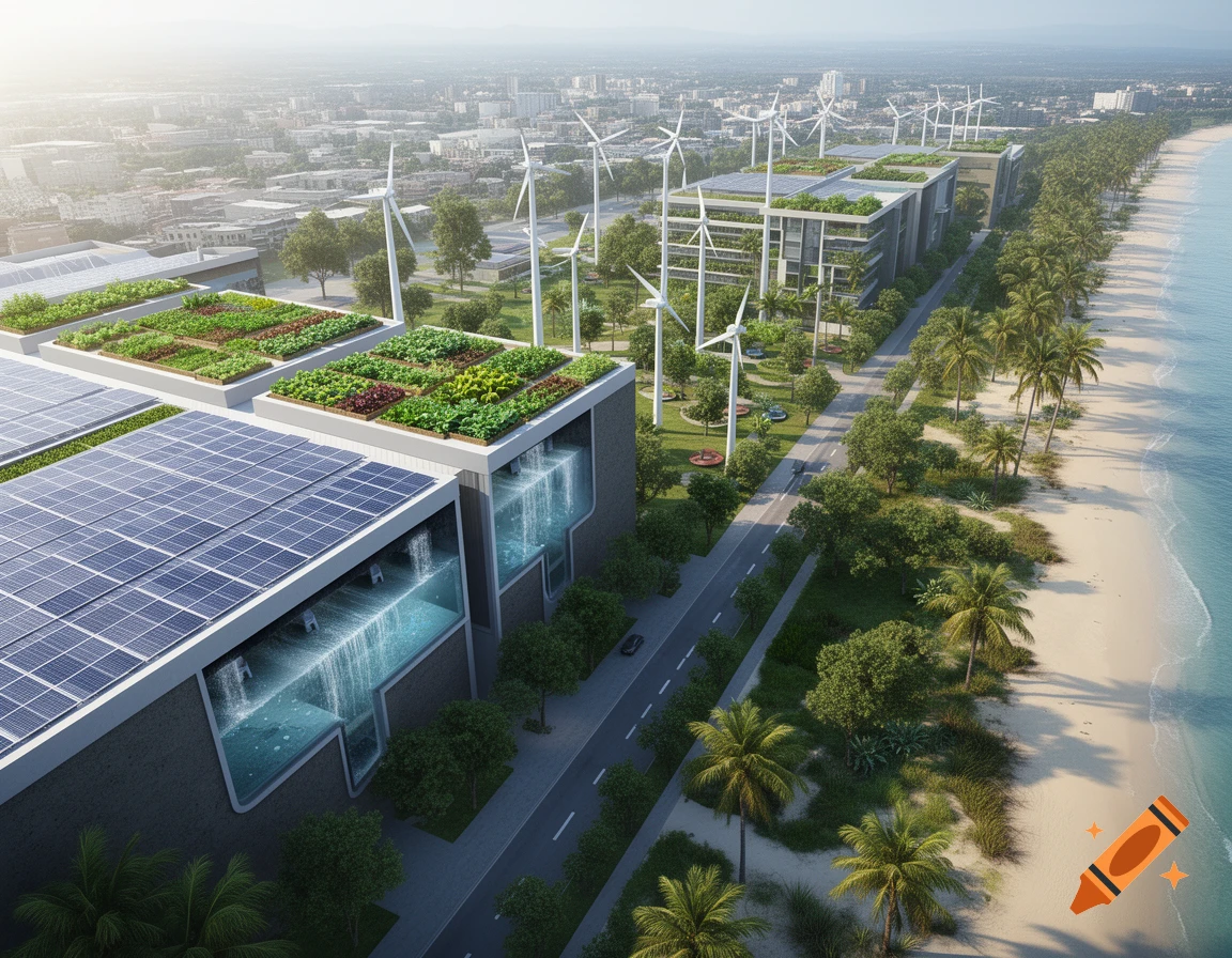 Aerial view of a sustainable coastal city with buildings featuring solar panels, rooftop gardens, wind turbines, and waterfalls.