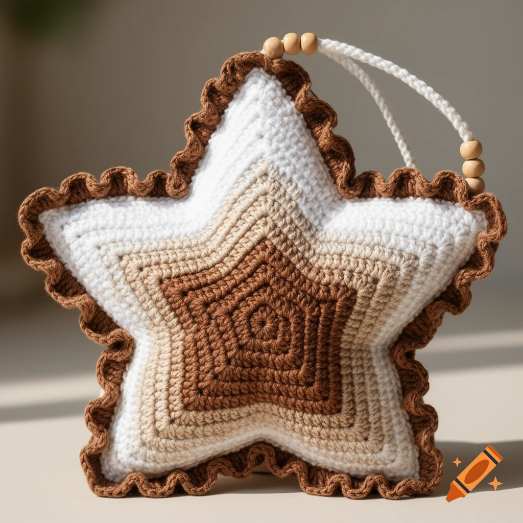 A cozy boho handmade crochet star bag with a gradient of white, beige, and brown, featuring ruffled edges and a white beaded strap.