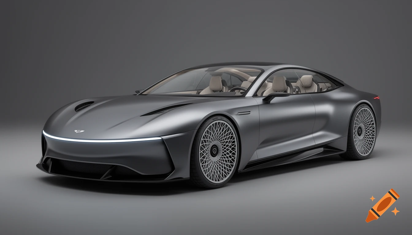 A sleek, photorealistic grey futuristic electric grand touring car with intricate lattice wheels on a grey background.
