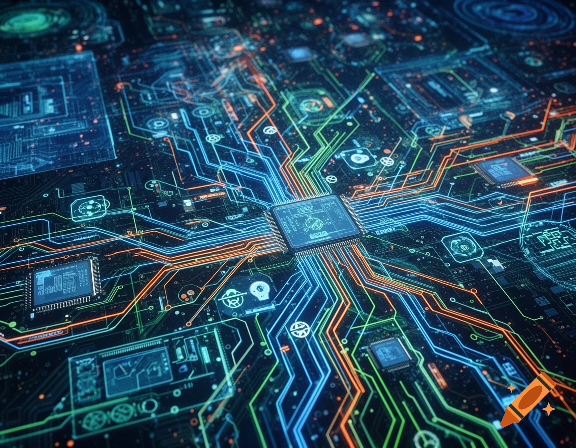 A vibrant, futuristic circuit board with glowing blue, green, and orange pathways connecting a central microchip to various components.