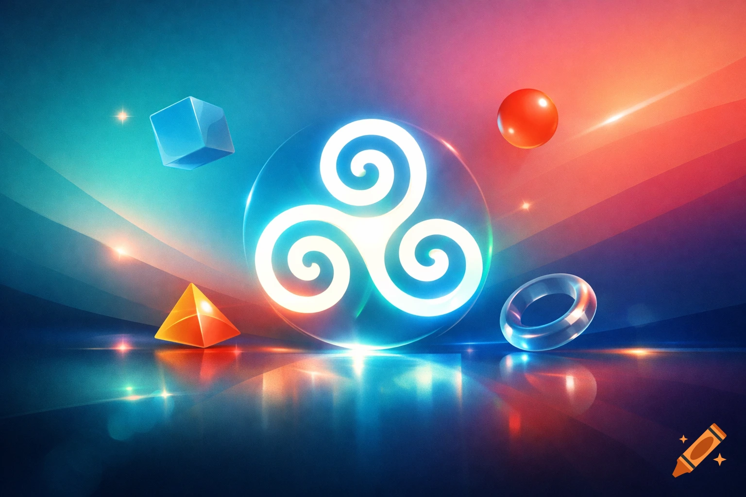 A glowing white triskelion symbol in a clear sphere, surrounded by floating geometric shapes on a reflective surface with a teal, coral, and deep blue gradient background.