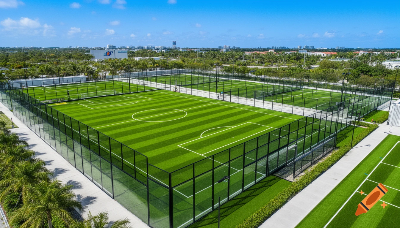 Aerial view of a modern sports complex in Miami with bright green synthetic soccer and paddle tennis courts under a sunny blue sky.