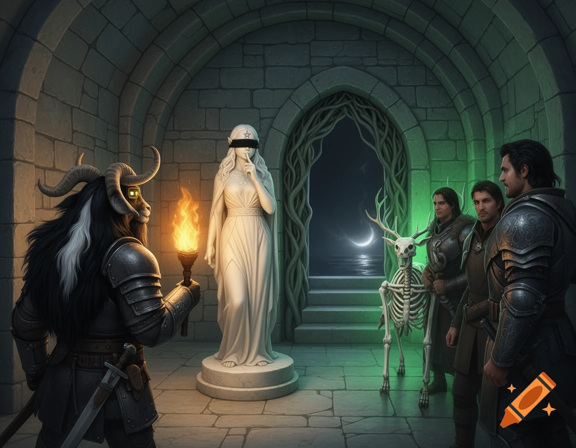 A goat-headed warrior with a torch stands before a blindfolded statue, while three human adventurers and a glowing skeleton stag look out an archway to a moonlit sea.