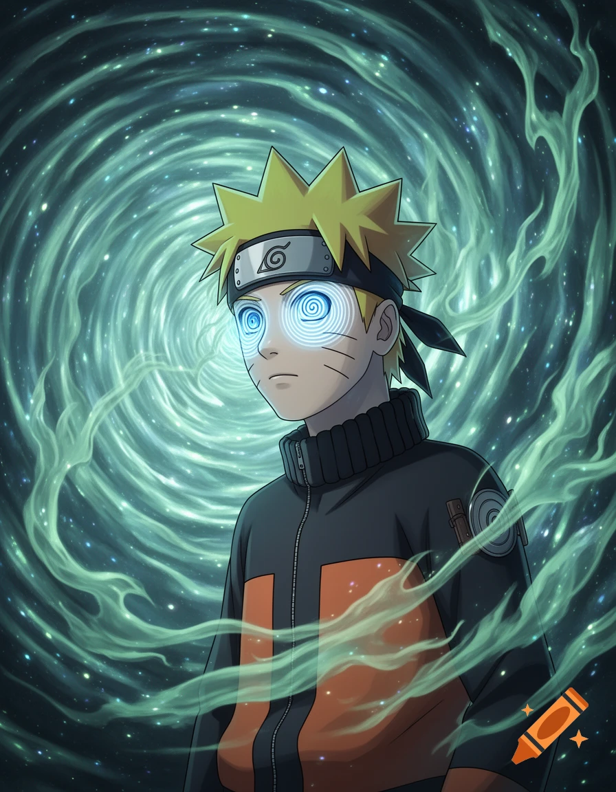 Anime depiction of Naruto with swirling blue hypnotized eyes, against a swirling green cosmic background with smoke.