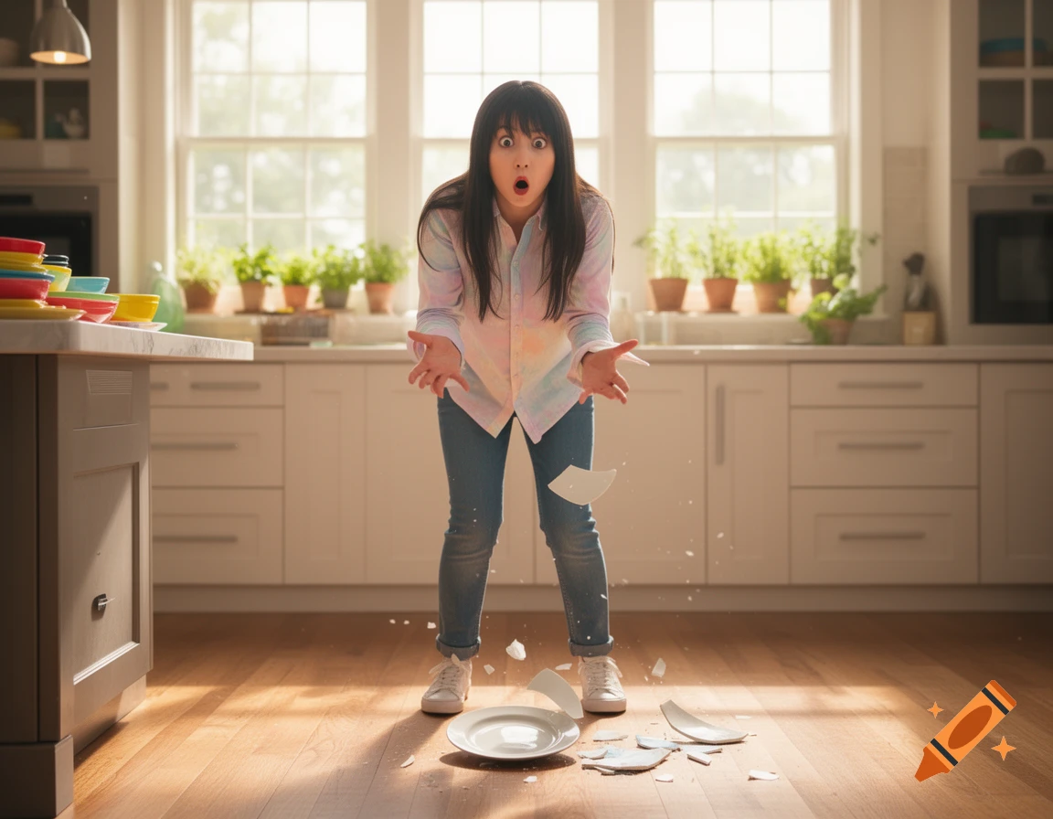 A young woman with a shocked expression stands in a bright kitchen, looking down at a broken plate on the wooden floor. Photorealistic.