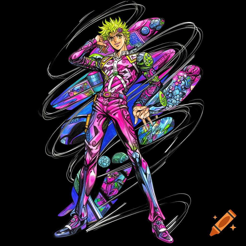 Anime-style male character in a vibrant pink and blue patterned suit, posing against a black background with abstract shapes.
