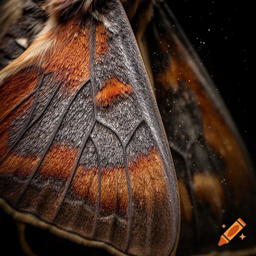Extreme macro shot of a moth wing with visible scales and veins in orange, grey, and brown, with scattered golden dust.
