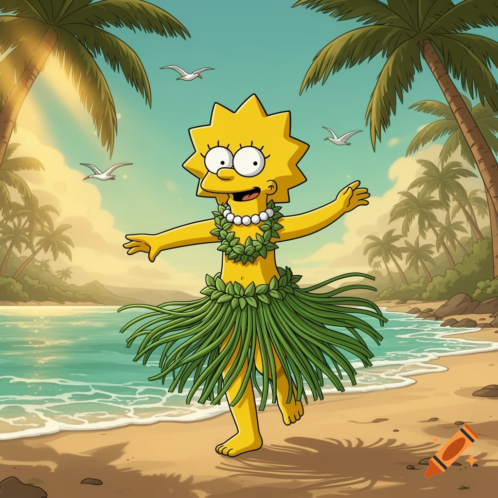Lisa Simpson in a hula skirt and lei dancing on a tropical beach with palm trees and seagulls in a cartoon style.